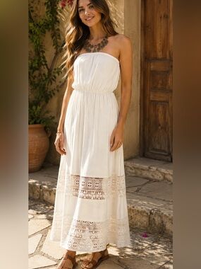 Beige Lace Trim Maxi Dress Resortwear Sleeveless Vacation S Boho Beach Cruise